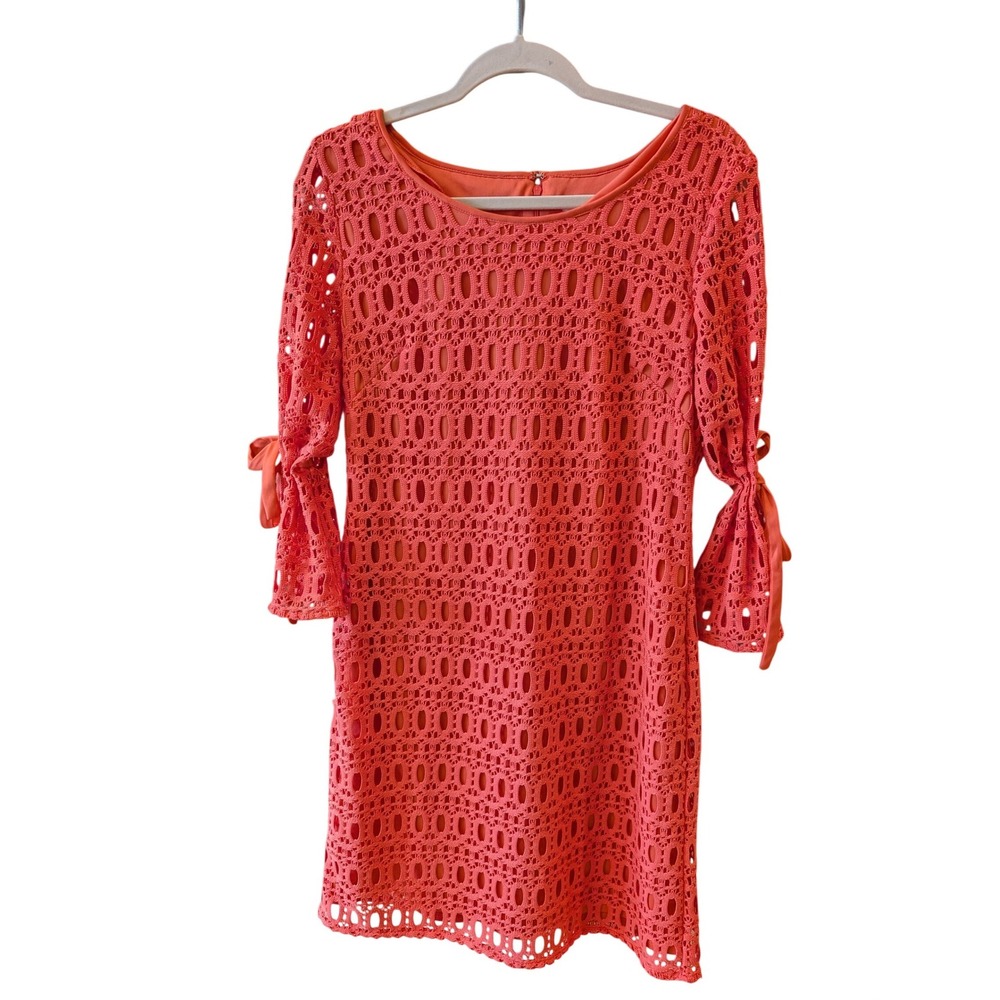 Madison Leigh Dress Coral Orange Crochet Lace Bell Sleeve Tie Cuff Sheath Sz 10